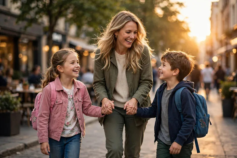 Mother walking with her two young children on a sunny city street
