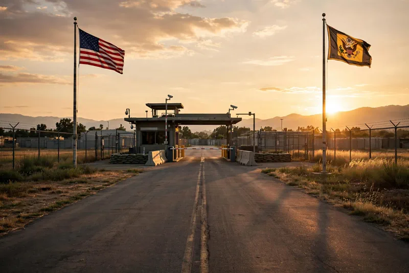 US Army military base entrance at golden hour