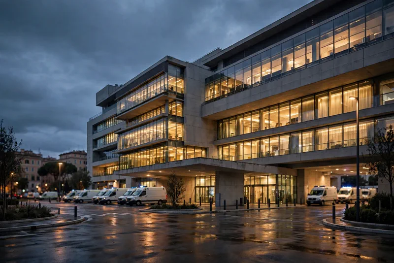 The Agostino Gemelli University Policlinic hospital in Rome at dusk