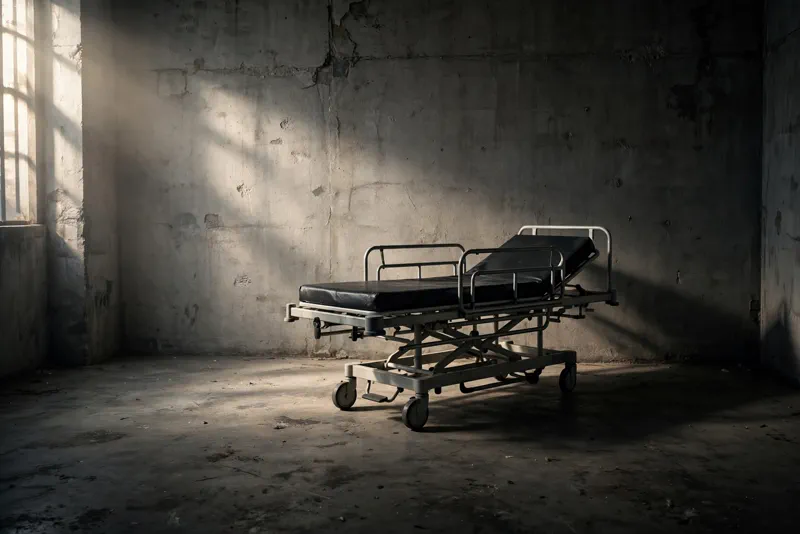 Empty institutional execution room with a gurney under dramatic light