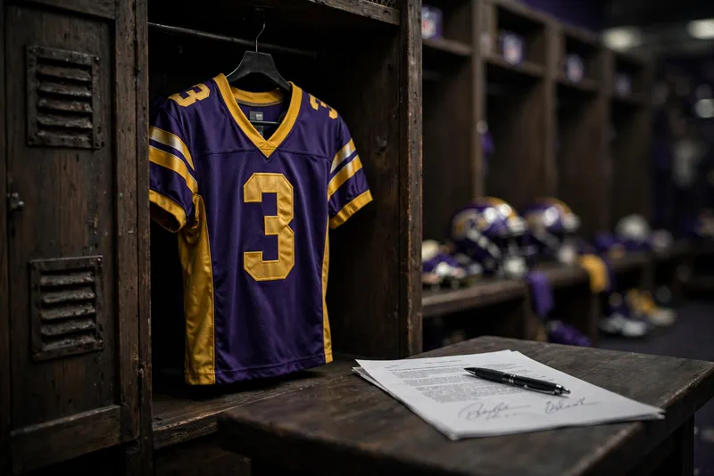 Odell Beckham Jr. locker room, purple and gold jersey hanging in a locker with a signed contract