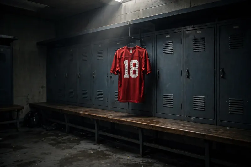 A red number 18 football jersey hanging alone on an empty locker room bench