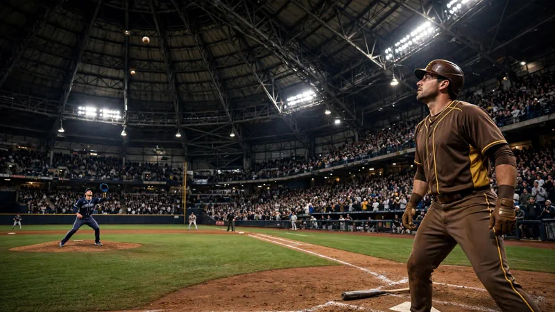 San Diego Padres batter Ty France watches his deep ninth-inning fly ball as the Milwaukee Brewers left fielder waits beneath it at American Family Field