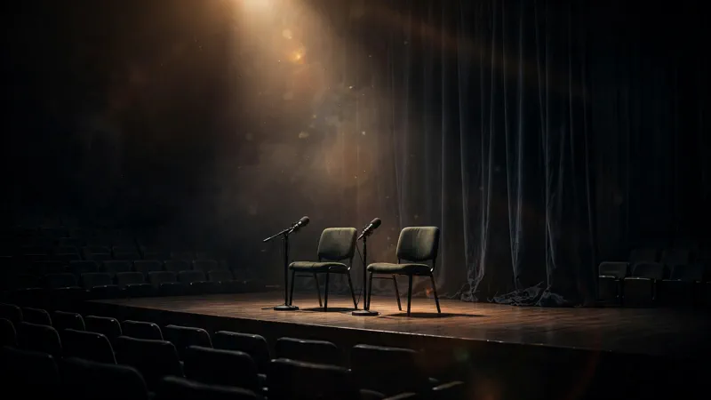 Empty film festival stage with chairs and microphones under a spotlight