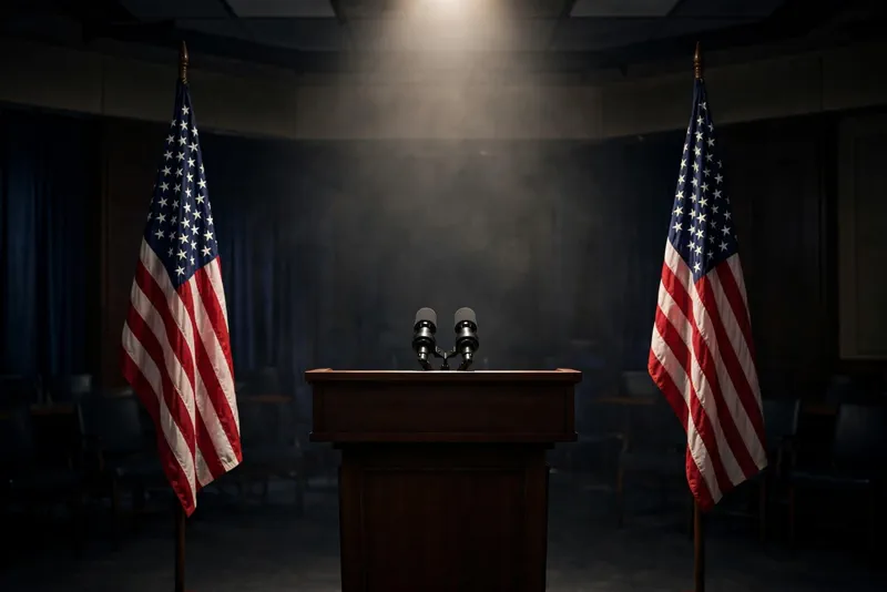 Pentagon press briefing room podium with American flags
