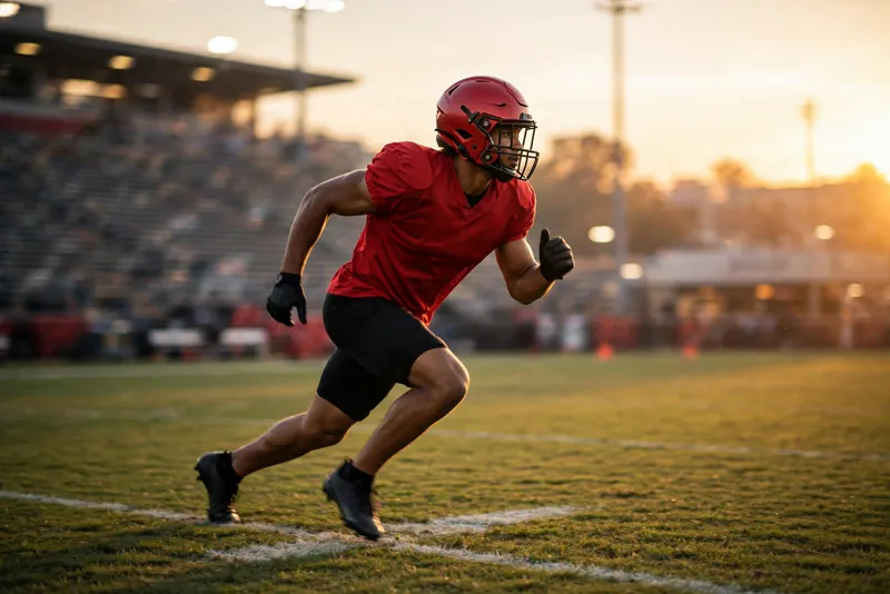 Wide receiver in a red jersey running a practice route on a football field at sunset