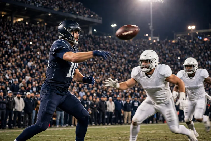 An NFL quarterback releases a deep pass under the lights during the Bears vs Patriots Thursday Night Football game