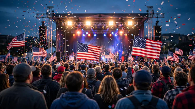 A political rally crowd with American flags and confetti under evening stage lights