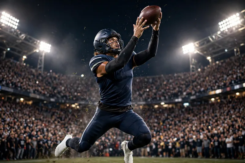 An NFL wide receiver makes a leaping catch under stadium floodlights during the Bears' 30-24 win over the Patriots