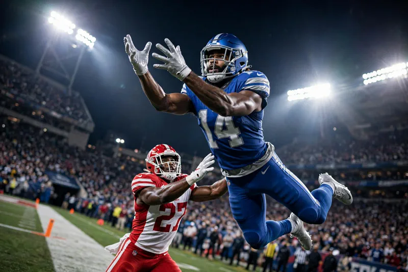 A Detroit Lions wide receiver leaps for a catch in the 45-21 win over the Arizona Cardinals
