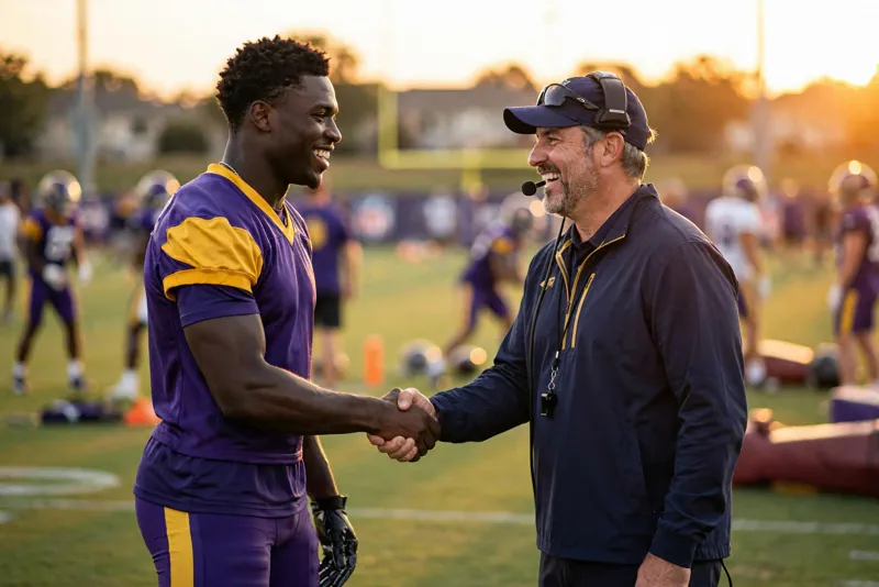 Odell Beckham Jr. shaking hands with Vikings head coach Kevin O'Connell on the practice field