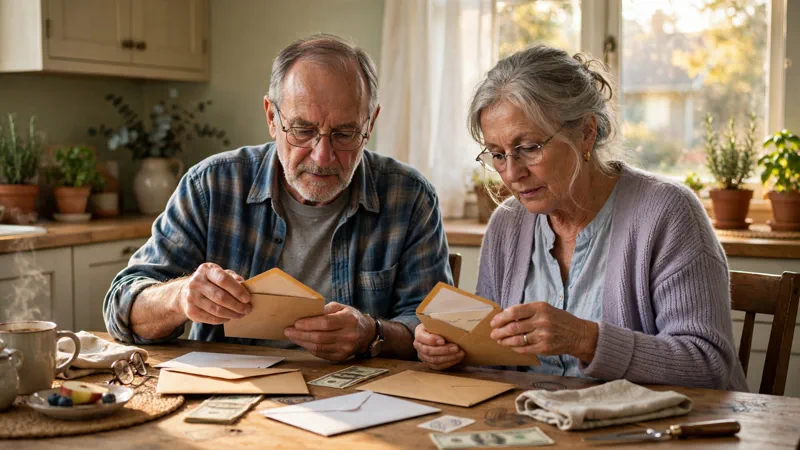 An elderly American couple opening mail at their kitchen table in warm morning light