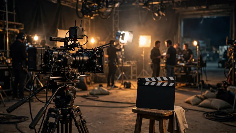 Professional movie camera on a film set at night
