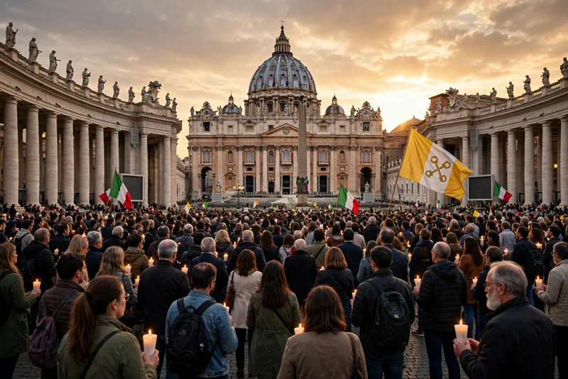 Crowd gathered in St. Peter's Square, Vatican City, with St. Peter's Basilica in view