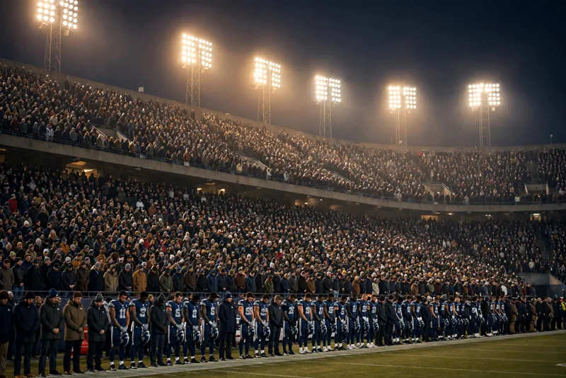 A packed NFL stadium stands in a moment of silence before kickoff during a primetime night game