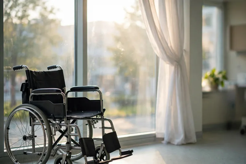 Wheelchair by a bright window, reflecting Christina Applegate's mobility challenges