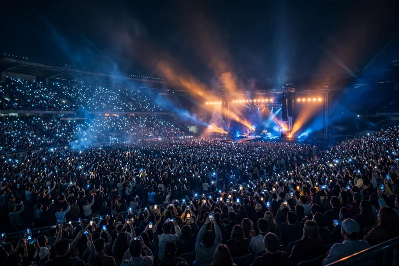Night concert crowd in a massive stadium, thousands of phones raised under dramatic stage lighting