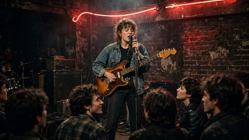 Young woman singing with guitar in a dim 1980s Montreal rock club