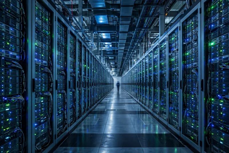 Interior of a massive AI data center with rows of glowing server racks