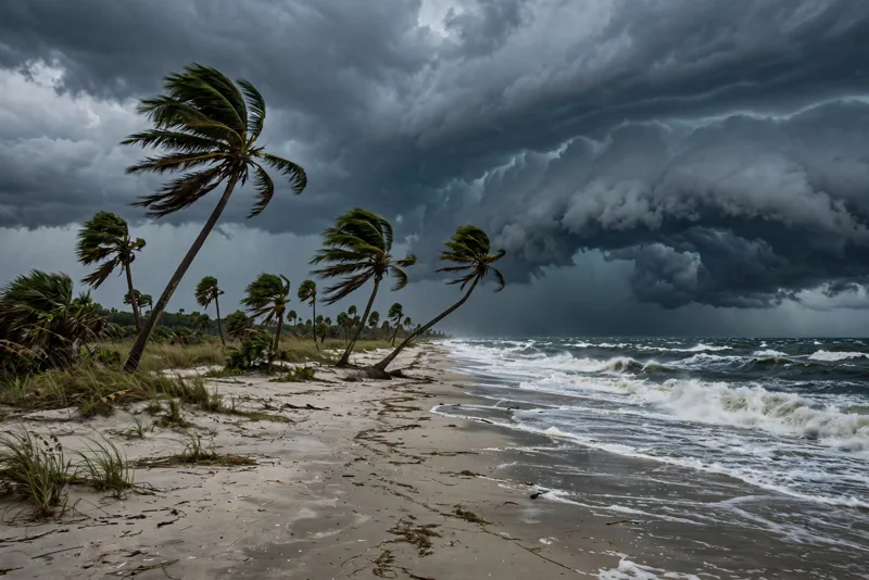 Dark storm clouds gathering over a Florida Panhandle beach as Tropical Storm Isaias approaches the Gulf Coast