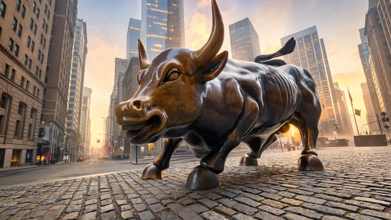 Charging Bull statue in New York's Financial District with skyscrapers behind it at golden sunrise