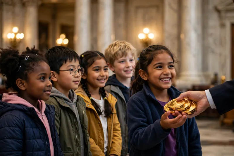 Children receiving golden challenge coins at a government celebration ceremony for Trump Accounts