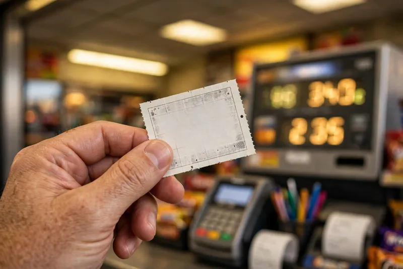 A hand holding a Mega Millions lottery ticket at a gas station counter