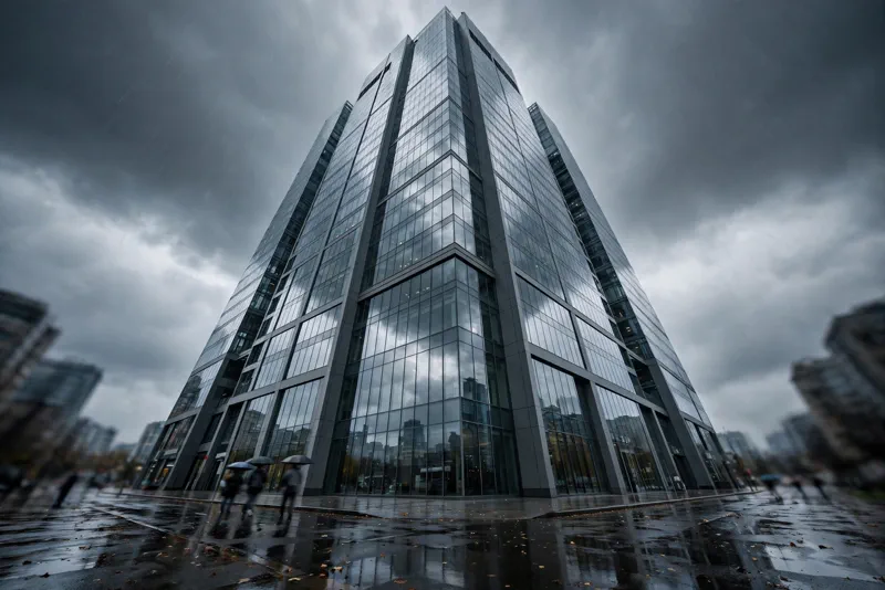 Glass bank headquarters skyscraper under a stormy sky on a disappointing earnings day