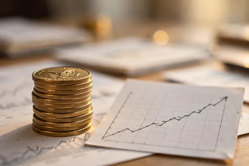 Illustration of a savings account interest rate climbing on a chart, with dollar coins stacked beside it