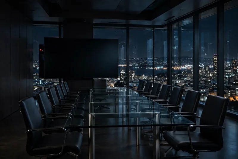 Dark executive boardroom at night with a small recording device barely visible behind the wall-mounted screen