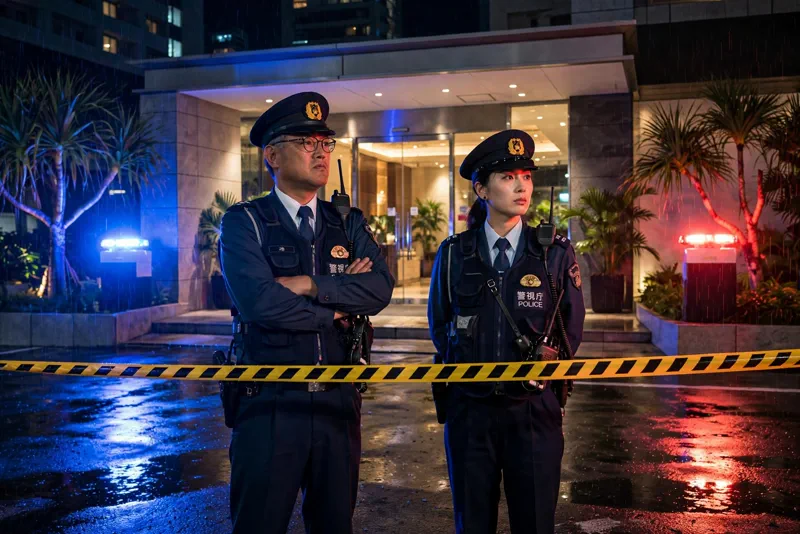 Japanese police officers standing behind police tape outside a Naha hotel at night