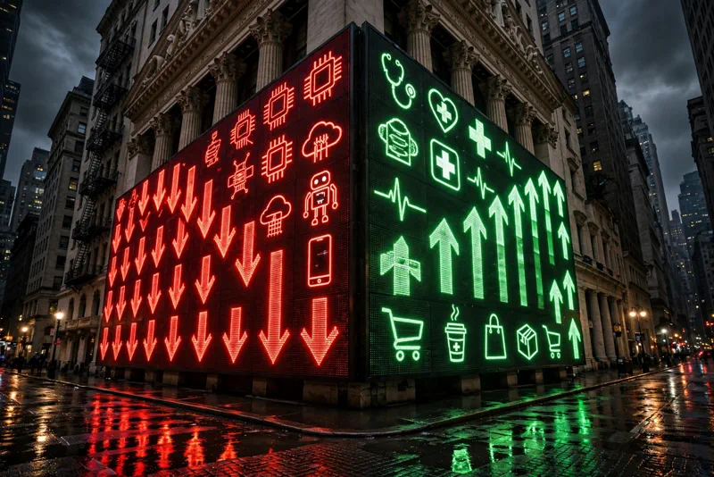 Stock market ticker board split between falling red technology arrows and rising green healthcare arrows