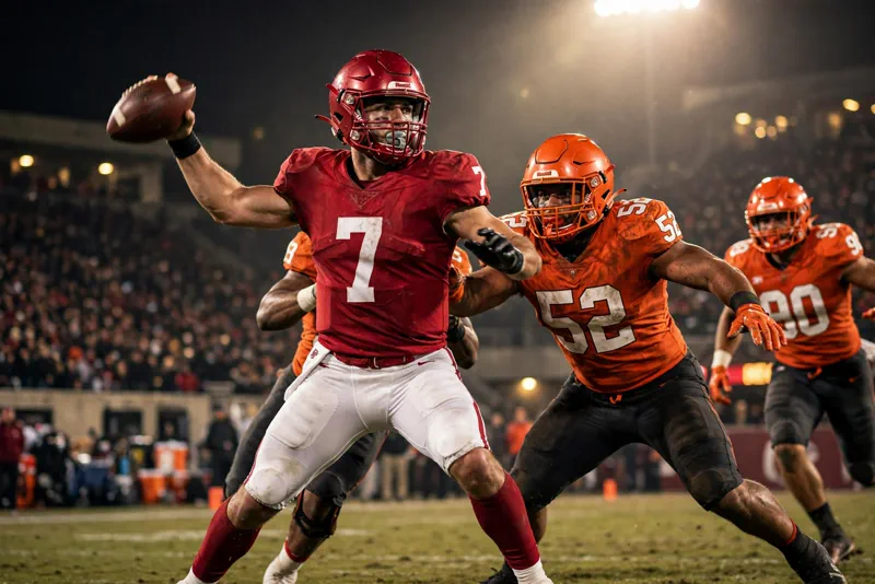 Alabama quarterback in crimson jersey throwing a pass under pressure from Tennessee defenders in orange