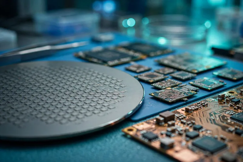 Semiconductor memory chips and silicon wafers on a lab bench, representing the memory-chip rally on Wall Street