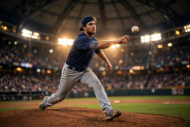 Freddy Peralta delivering a pitch for the Tampa Bay Rays in the 2026 ALCS