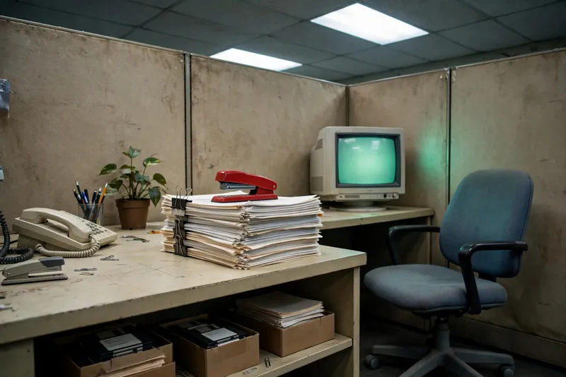 1990s style office cubicle with a red stapler on a stack of reports, a tribute to Office Space