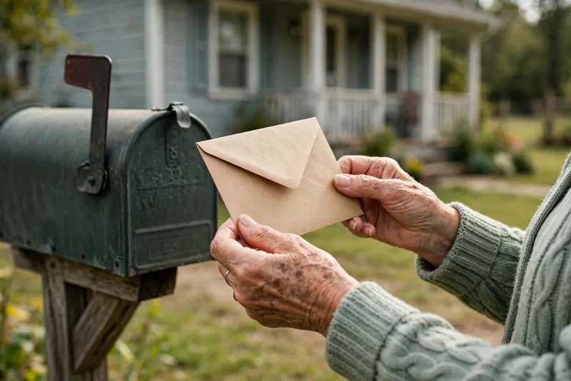 Senior's hands holding a letter at a mailbox in front of a house