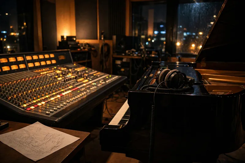 Recording studio with a mixing console and grand piano, where Lady Gaga could be working on new music