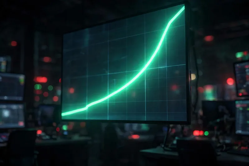Glowing stock chart with a steep upward curve in a trading room