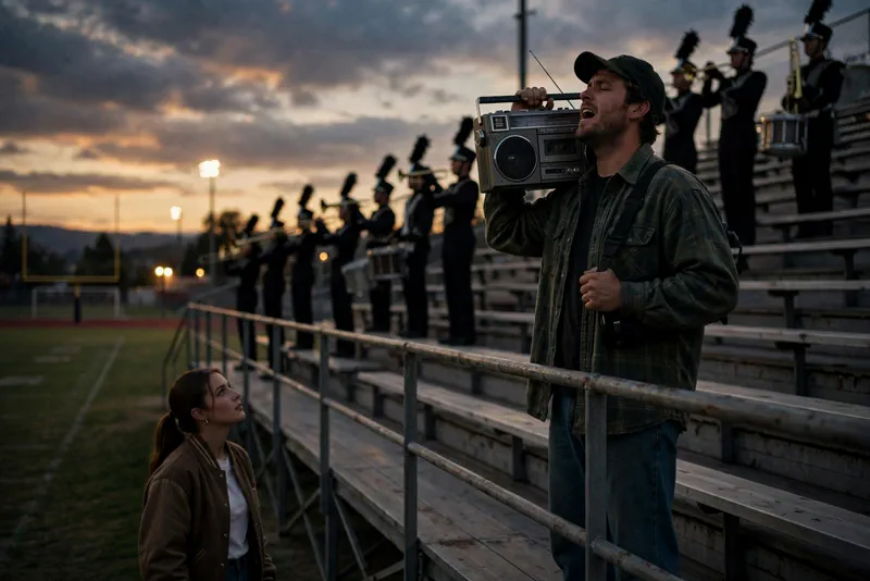 Artistic rendering of the iconic bleachers serenade scene from 10 Things I Hate About You