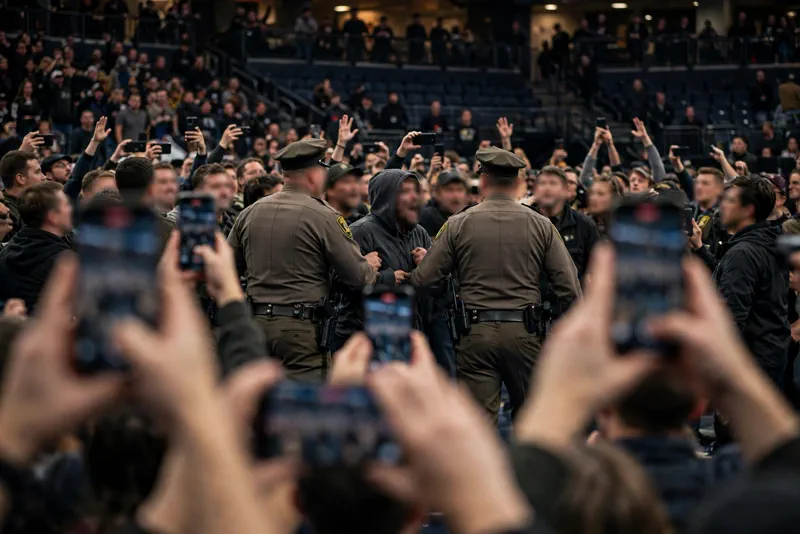 Sheriff's deputies escorting a shouting protester out of a packed rally arena