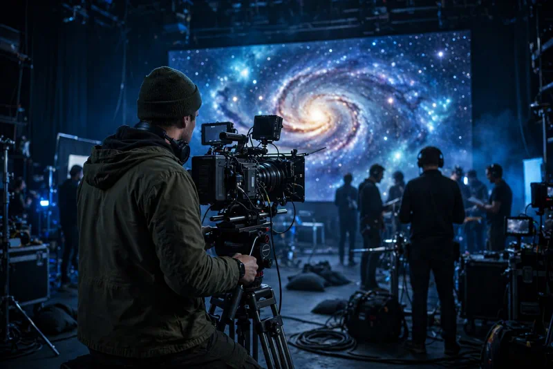 Film director on a dark sci-fi movie set pointing a cinema camera at a glowing galaxy backdrop.