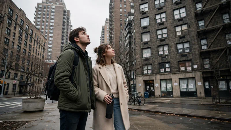 Young couple looking up at apartment buildings with for-rent signs