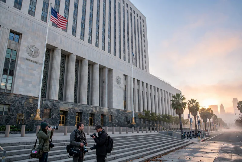 Federal courthouse in downtown Los Angeles at sunrise, where the fraud defendants will face charges