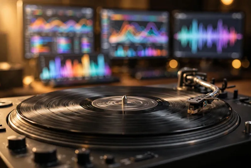 Close-up of a vinyl record on a turntable with colorful chart graphics and music streaming visuals in the background