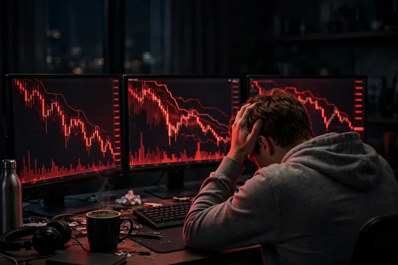 A trader staring at multiple monitors showing plunging red crypto charts late at night