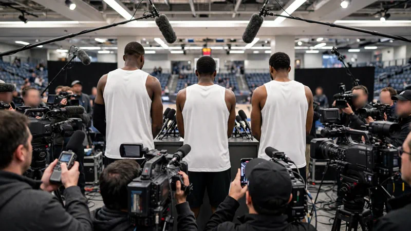 NBA media day: cameras and microphones pointed at players at a podium