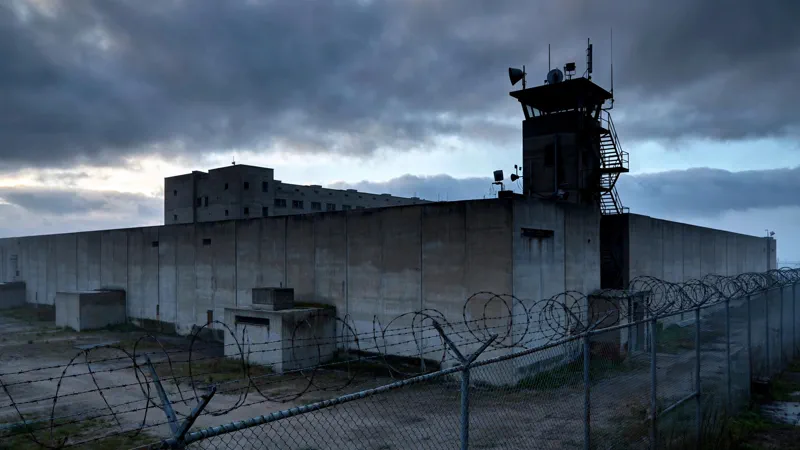 Exterior of a maximum-security prison at dawn with guard tower and barbed wire
