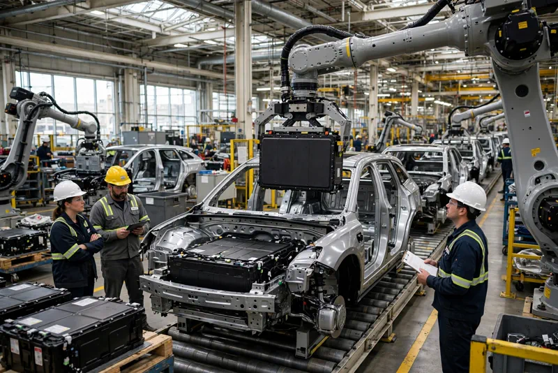 Robotic arms assemble electric vehicles on a General Motors factory assembly line