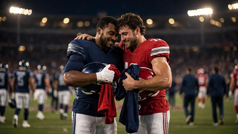 Two NFL brothers exchanging jerseys at midfield after the Monday night game